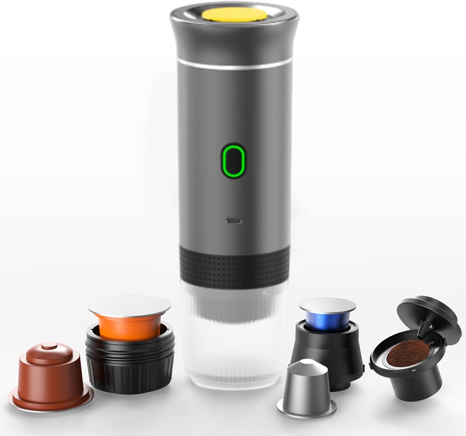 Portable 3-in-1 Espresso Machine – USB-C Rechargeable Coffee Maker for Travel, Car & Office (Capsules & Ground Coffee Compatible)