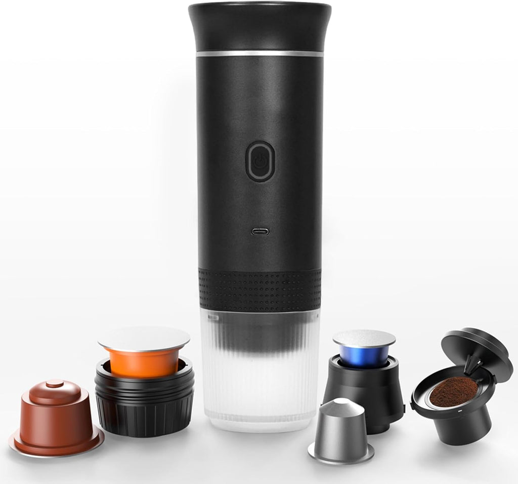 Portable 3-in-1 Espresso Machine – USB-C Rechargeable Coffee Maker for Travel, Car & Office (Capsules & Ground Coffee Compatible)