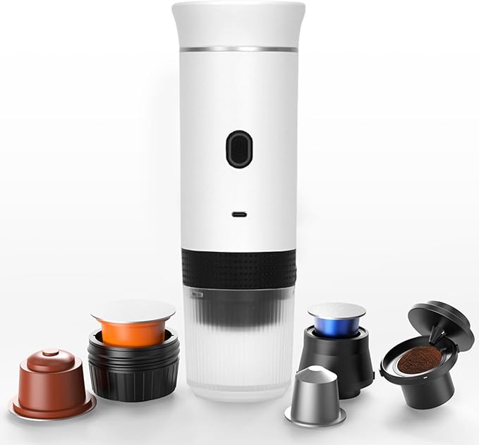 Portable 3-in-1 Espresso Machine – USB-C Rechargeable Coffee Maker for Travel, Car & Office (Capsules & Ground Coffee Compatible)