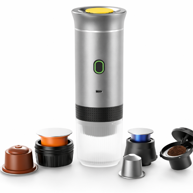 Portable 3-in-1 Espresso Machine – USB-C Rechargeable Coffee Maker for Travel, Car & Office (Capsules & Ground Coffee Compatible)