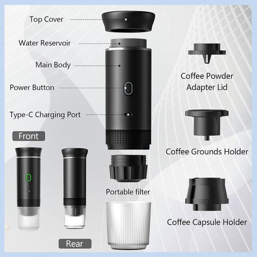 Portable 3-in-1 Espresso Machine – USB-C Rechargeable Coffee Maker for Travel, Car & Office (Capsules & Ground Coffee Compatible)